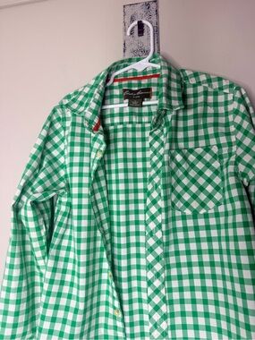Eddie Bauer White and Green Gingham Button-Down Shirt - boys